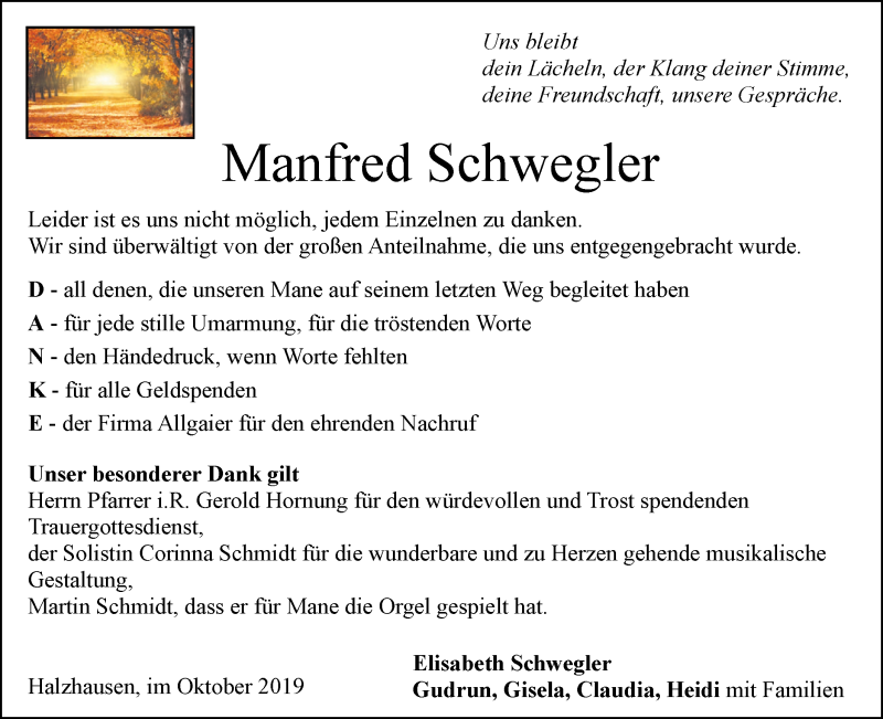  Traueranzeige für Manfred Schwegler vom 26.10.2019 aus SÜDWEST PRESSE Ausgabe Ulm/Neu-Ulm