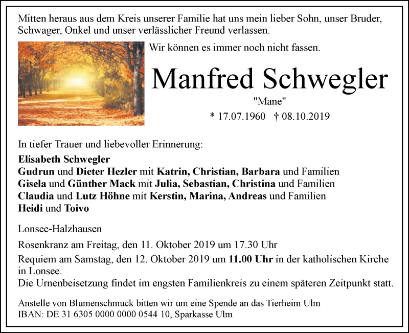  Traueranzeige für Manfred Schwegler vom 11.10.2019 aus SÜDWEST PRESSE Ausgabe Ulm/Neu-Ulm