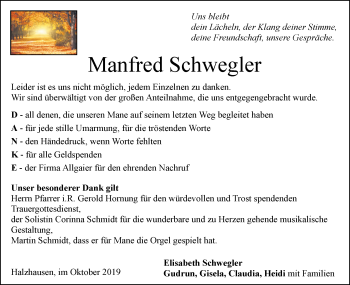 Traueranzeige von Manfred Schwegler von SÜDWEST PRESSE Ausgabe Ulm/Neu-Ulm