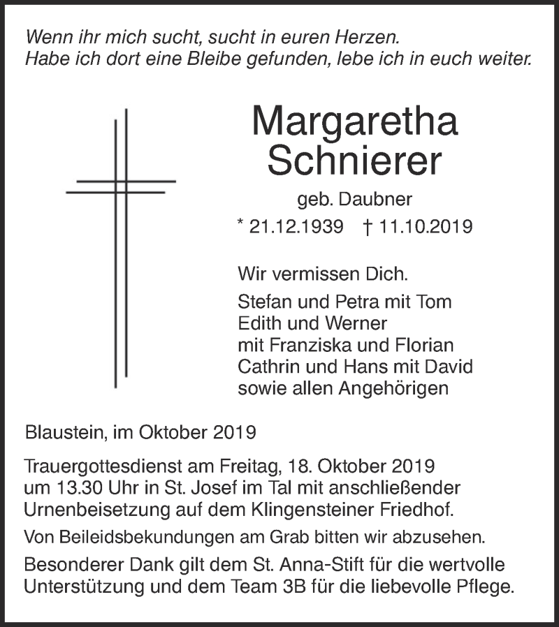  Traueranzeige für Margaretha Schnierer vom 16.10.2019 aus SÜDWEST PRESSE Ausgabe Ulm/Neu-Ulm