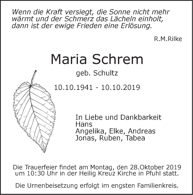 Traueranzeige für Maria Schrem vom 19.10.2019 aus SÜDWEST PRESSE Ausgabe Ulm/Neu-Ulm