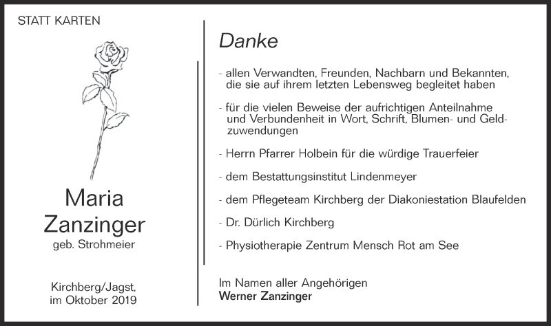  Traueranzeige für Maria Zanzinger vom 26.10.2019 aus Hohenloher Tagblatt