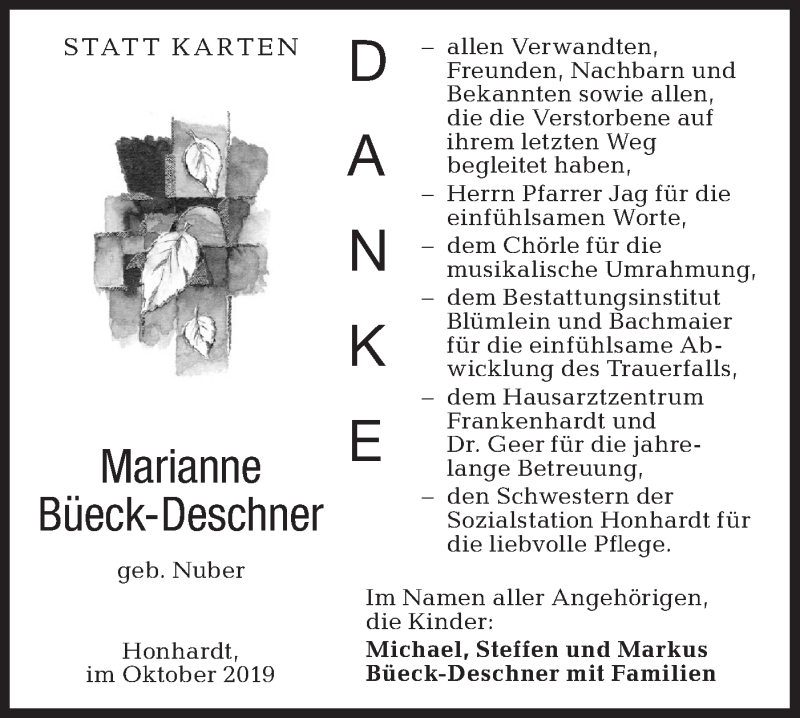  Traueranzeige für Marianne Büeck-Deschner vom 26.10.2019 aus Hohenloher Tagblatt