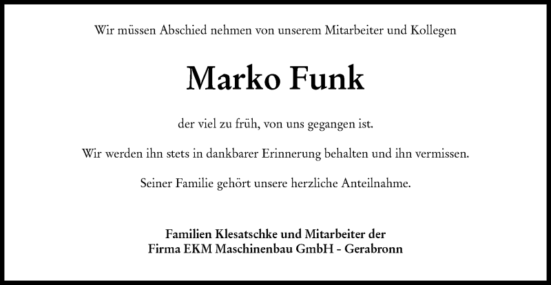  Traueranzeige für Marko Funk vom 17.10.2019 aus Hohenloher Tagblatt