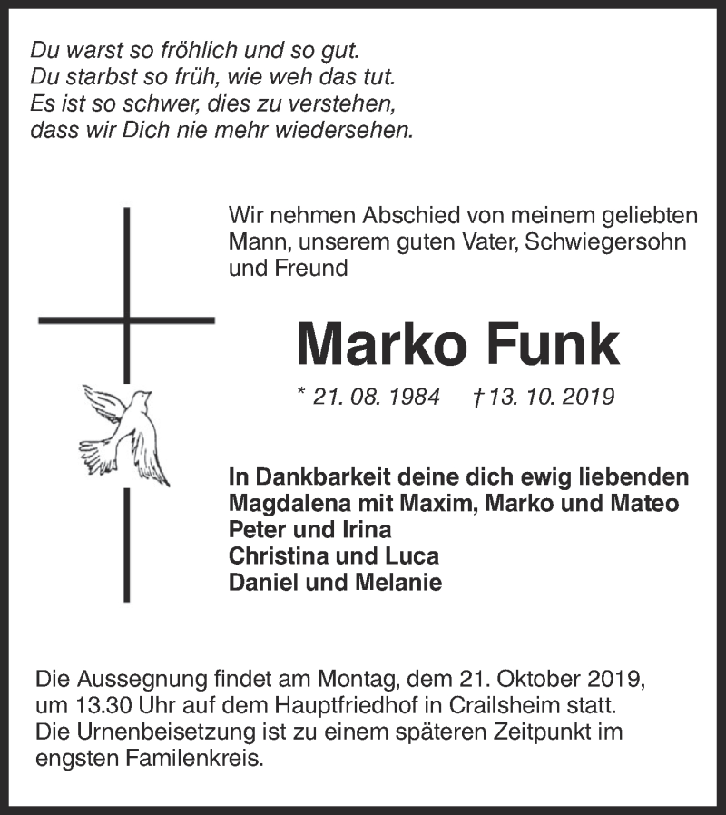  Traueranzeige für Marko Funk vom 17.10.2019 aus Hohenloher Tagblatt
