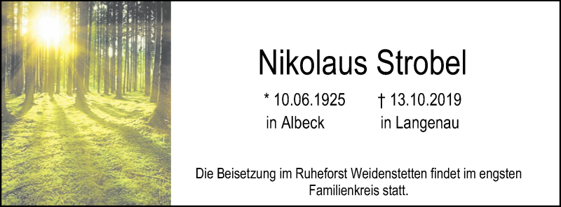  Traueranzeige für Nikolaus Strobel vom 18.10.2019 aus SÜDWEST PRESSE Ausgabe Ulm/Neu-Ulm