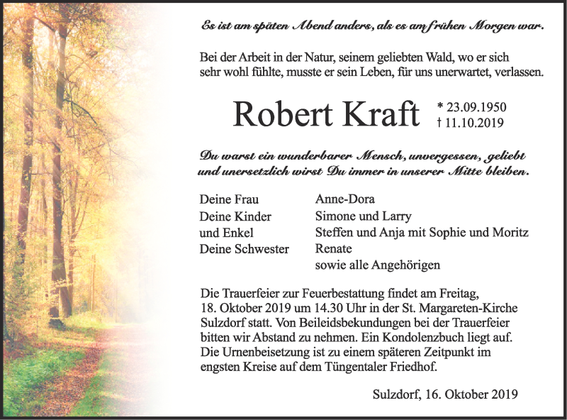  Traueranzeige für Robert Kraft vom 16.10.2019 aus Haller Tagblatt