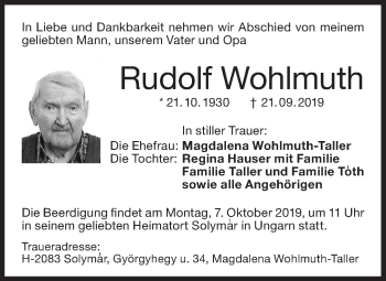 Traueranzeige von Rudolf Wohlmuth von Haller Tagblatt