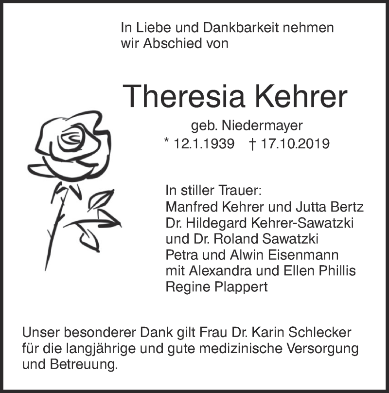  Traueranzeige für Theresia Kehrer vom 21.10.2019 aus SÜDWEST PRESSE Ausgabe Ulm/Neu-Ulm