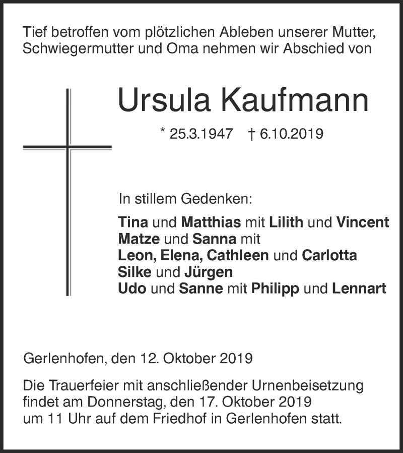  Traueranzeige für Ursula Kaufmann vom 12.10.2019 aus SÜDWEST PRESSE Ausgabe Ulm/Neu-Ulm