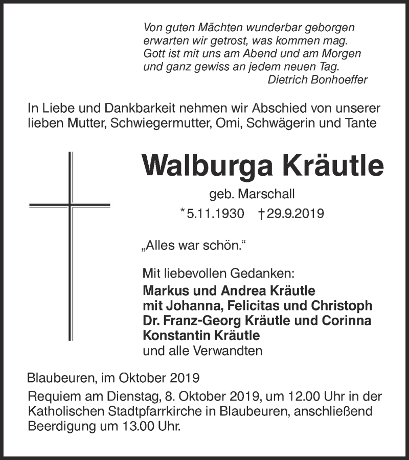  Traueranzeige für Walburga Kräutle vom 02.10.2019 aus SÜDWEST PRESSE Ausgabe Ulm/Neu-Ulm
