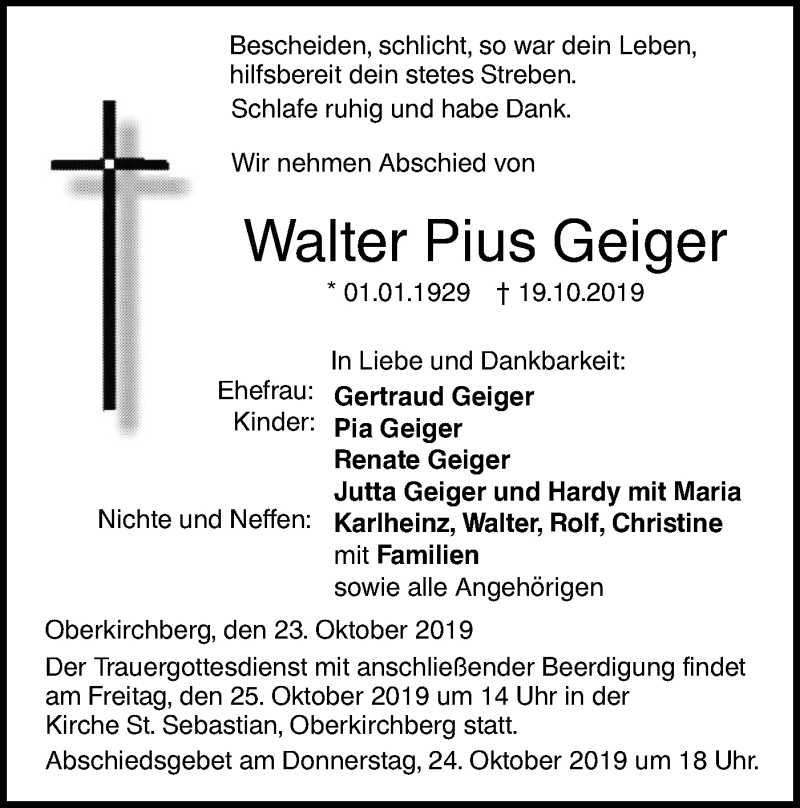  Traueranzeige für Walter Pius Geiger vom 23.10.2019 aus SÜDWEST PRESSE Ausgabe Ulm/Neu-Ulm