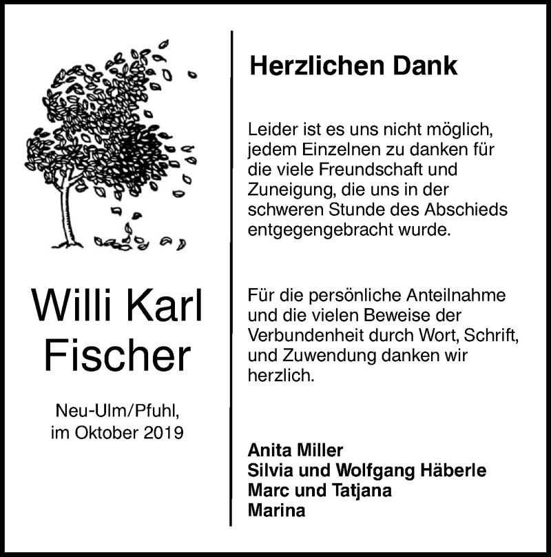  Traueranzeige für Willi Karl Fischer vom 21.10.2019 aus SÜDWEST PRESSE Ausgabe Ulm/Neu-Ulm