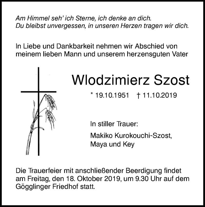  Traueranzeige für Wlodzimierz Szost vom 15.10.2019 aus SÜDWEST PRESSE Ausgabe Ulm/Neu-Ulm