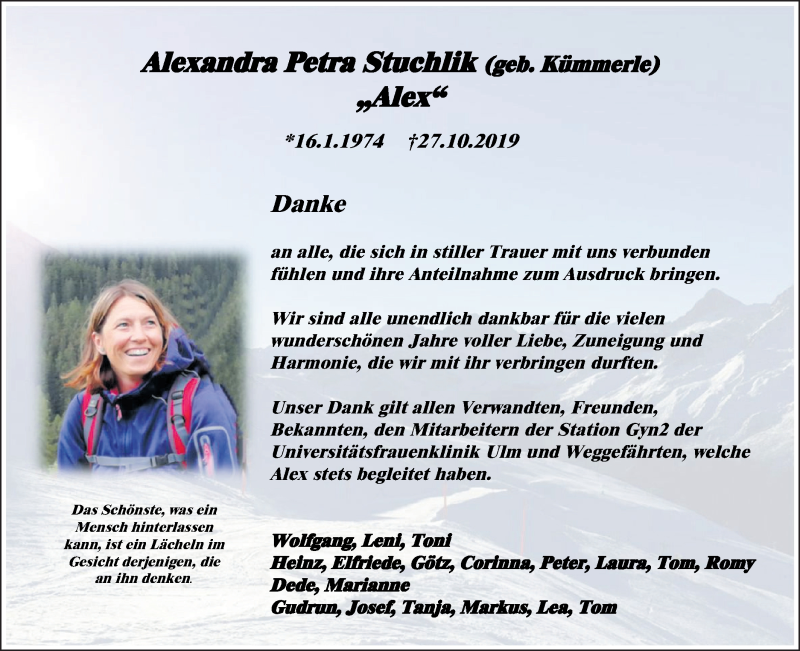  Traueranzeige für Alexandra Petra  Stuchlik  vom 05.11.2019 aus NWZ Neue Württembergische Zeitung