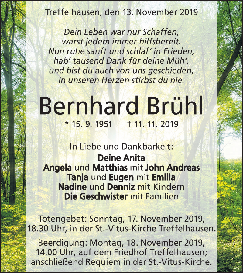  Traueranzeige für Bernhard Brühl vom 13.11.2019 aus Geislinger Zeitung