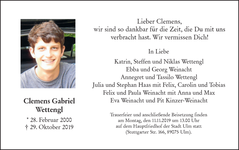  Traueranzeige für Clemens Gabriel Wettengl vom 06.11.2019 aus SÜDWEST PRESSE Ausgabe Ulm/Neu-Ulm