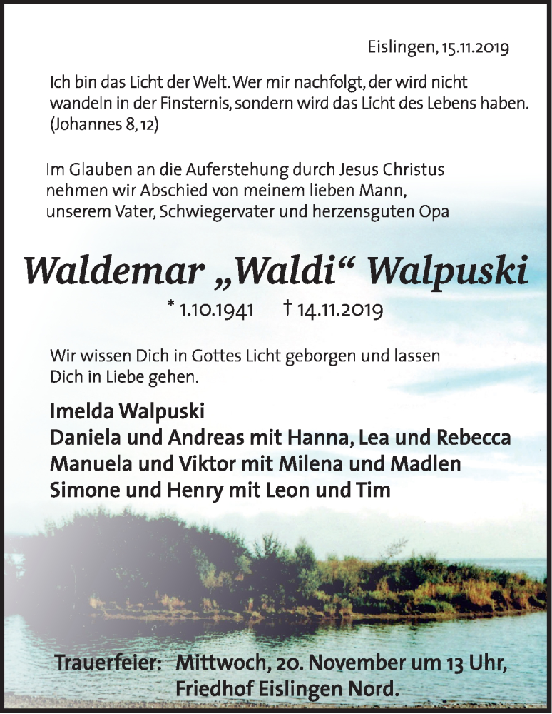  Traueranzeige für Waldemar Walpuski vom 16.11.2019 aus NWZ Neue Württembergische Zeitung
