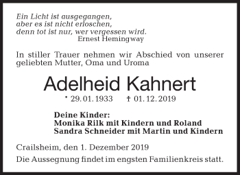 Traueranzeige von Adelheid Kahnert von Hohenloher Tagblatt