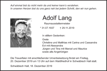 Traueranzeige von Adolf Lang von Haller Tagblatt
