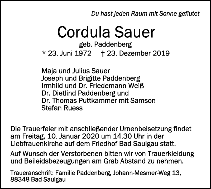  Traueranzeige für Cordula Sauer vom 28.12.2019 aus SÜDWEST PRESSE Ausgabe Ulm/Neu-Ulm