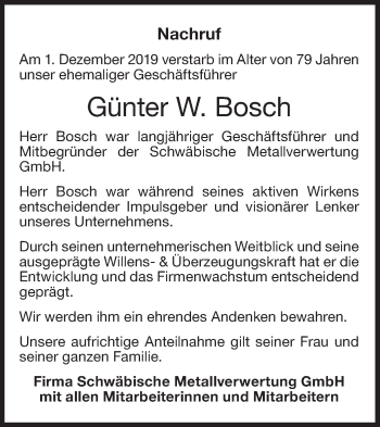Traueranzeige von Günter W. Bosch von NWZ Neue Württembergische Zeitung