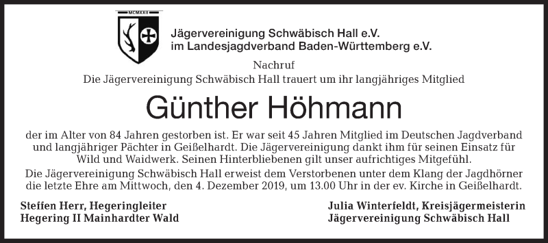  Traueranzeige für Günther Höhmann vom 03.12.2019 aus Haller Tagblatt