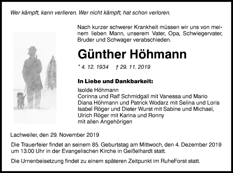  Traueranzeige für Günther Höhmann vom 02.12.2019 aus Haller Tagblatt