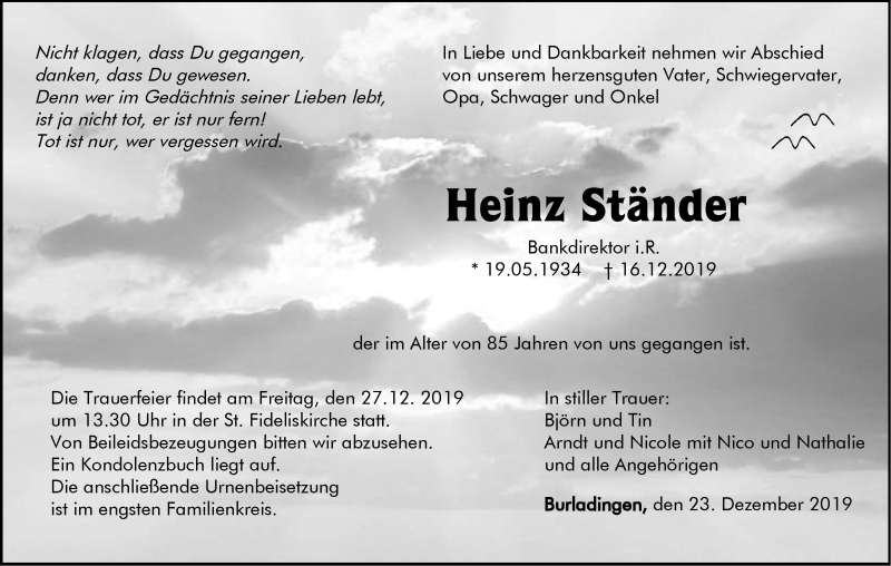  Traueranzeige für Heinz Ständer vom 23.12.2019 aus Hohenzollerische Zeitung