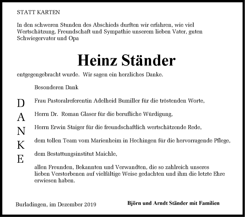  Traueranzeige für Heinz Ständer vom 30.12.2019 aus Hohenzollerische Zeitung