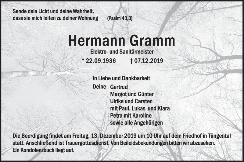  Traueranzeige für Hermann Gramm vom 10.12.2019 aus Haller Tagblatt