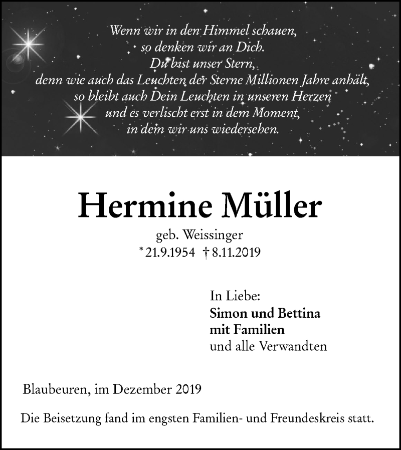  Traueranzeige für Hermine Müller vom 13.12.2019 aus SÜDWEST PRESSE