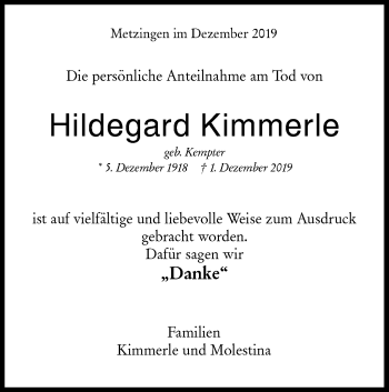 Traueranzeige von Hildegard Kimmerle von Alb-Bote/Metzinger-Uracher Volksblatt