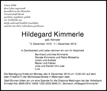 Traueranzeige von Hildegard Kimmerle von Metzinger-Uracher Volksblatt