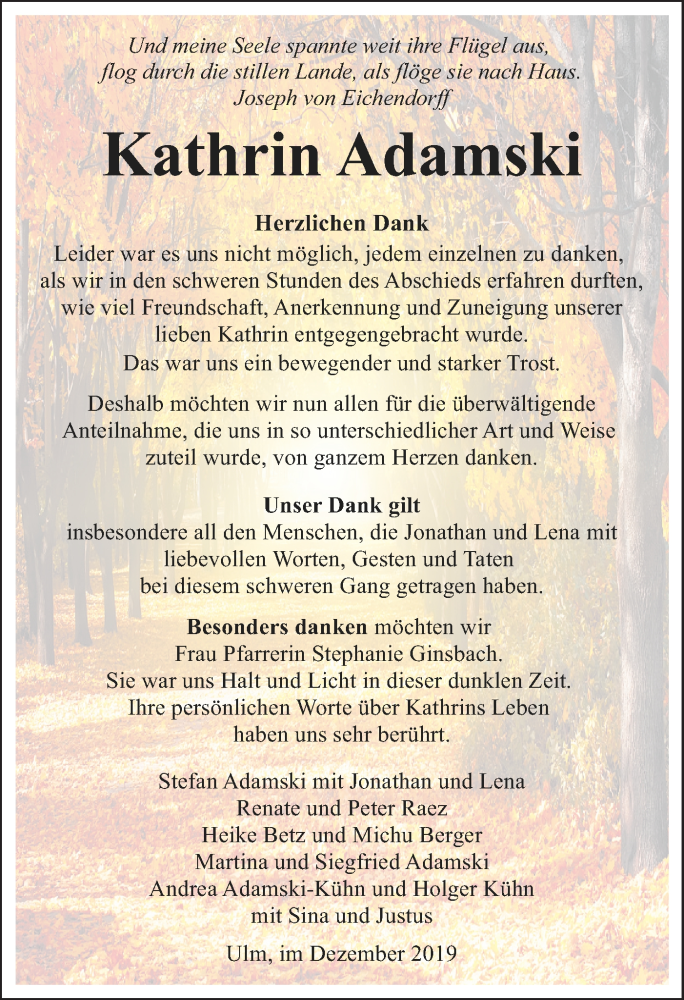  Traueranzeige für Kathrin Adamski vom 03.12.2019 aus SÜDWEST PRESSE Ausgabe Ulm/Neu-Ulm