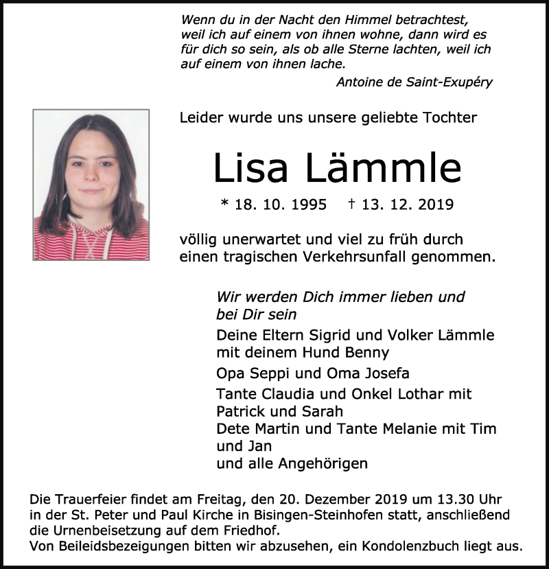  Traueranzeige für Lisa Lämmle vom 17.12.2019 aus Hohenzollerische Zeitung