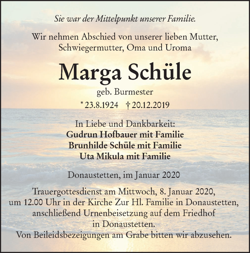  Traueranzeige für Marga Schüle vom 04.01.2020 aus SÜDWEST PRESSE Ausgabe Ulm/Neu-Ulm