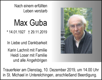 Traueranzeige von Max Guba von SÜDWEST PRESSE Ausgabe Ulm/Neu-Ulm