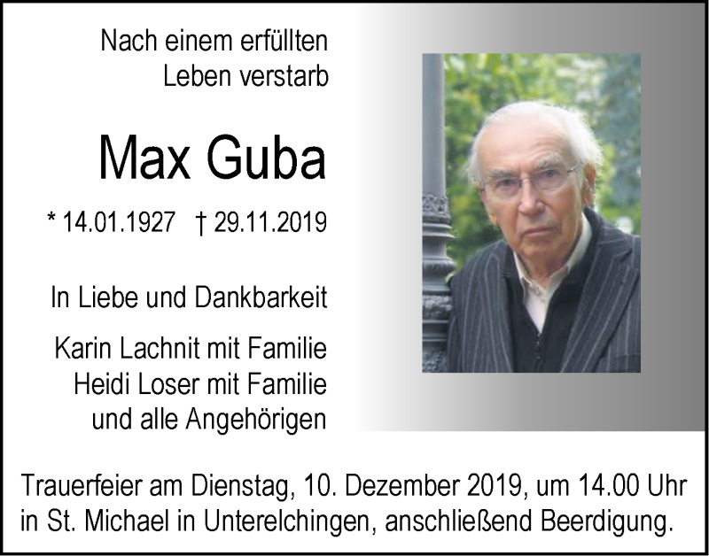  Traueranzeige für Max Guba vom 06.12.2019 aus SÜDWEST PRESSE Ausgabe Ulm/Neu-Ulm