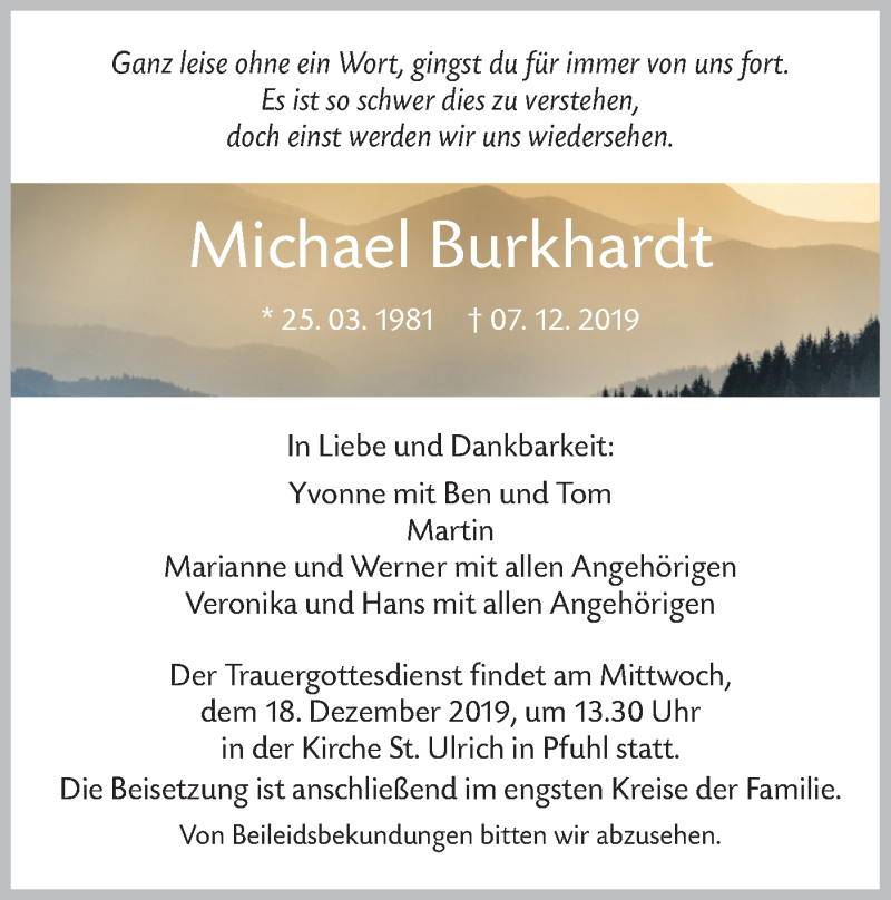  Traueranzeige für Michael Burkhardt vom 13.12.2019 aus SÜDWEST PRESSE Ausgabe Ulm/Neu-Ulm