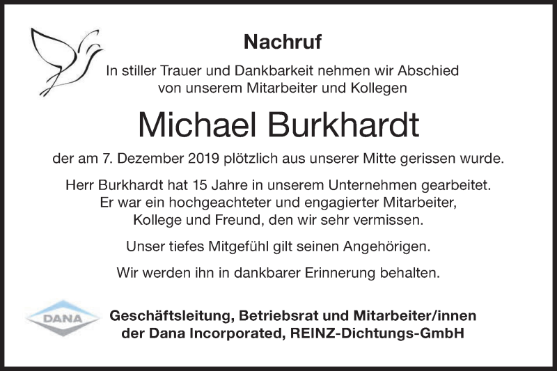  Traueranzeige für Michael Burkhardt vom 21.12.2019 aus SÜDWEST PRESSE Ausgabe Ulm/Neu-Ulm