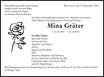 Traueranzeige von Mina Gräter von Metzinger-Uracher Volksblatt
