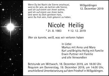 Traueranzeige von Nicole Heilig von NWZ Neue Württembergische Zeitung