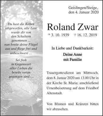 Traueranzeige von Roland Zwar von Geislinger Zeitung
