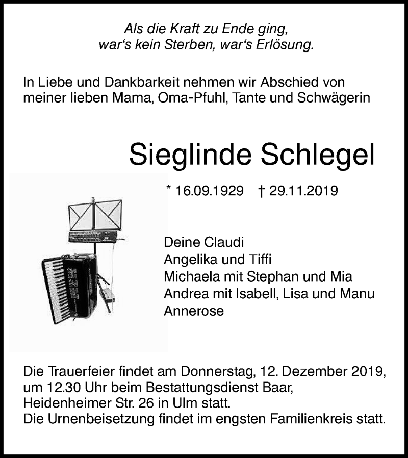  Traueranzeige für Sieglinde Schlegel vom 07.12.2019 aus SÜDWEST PRESSE Ausgabe Ulm/Neu-Ulm