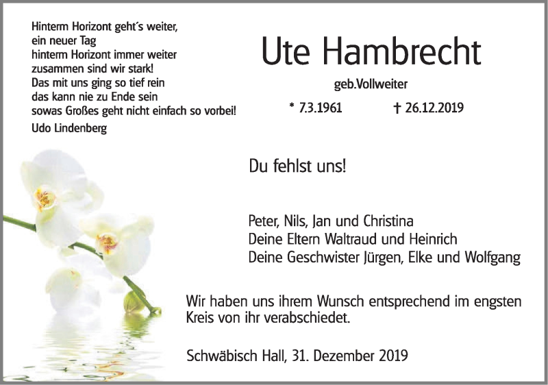  Traueranzeige für Ute Hambrecht vom 31.12.2019 aus Haller Tagblatt