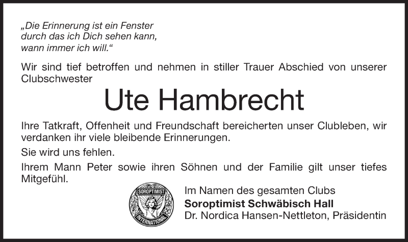  Traueranzeige für Ute Hambrecht vom 02.01.2020 aus Haller Tagblatt