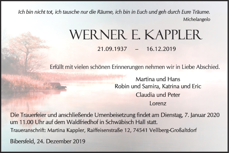  Traueranzeige für Werner E. Kappler vom 24.12.2019 aus Haller Tagblatt