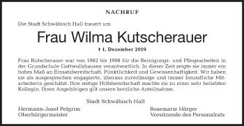 Traueranzeige von Wilma Kutscherauer von Haller Tagblatt