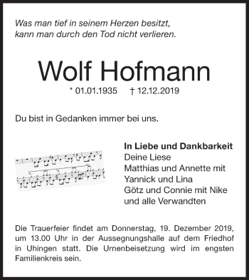 Traueranzeige von Wolf Hofmann von NWZ Neue Württembergische Zeitung